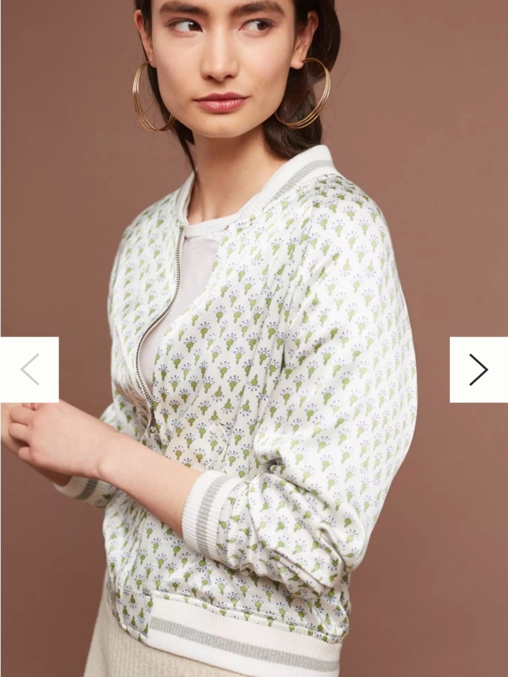 Anthropologie White Bomber Jacket with Olive Motif